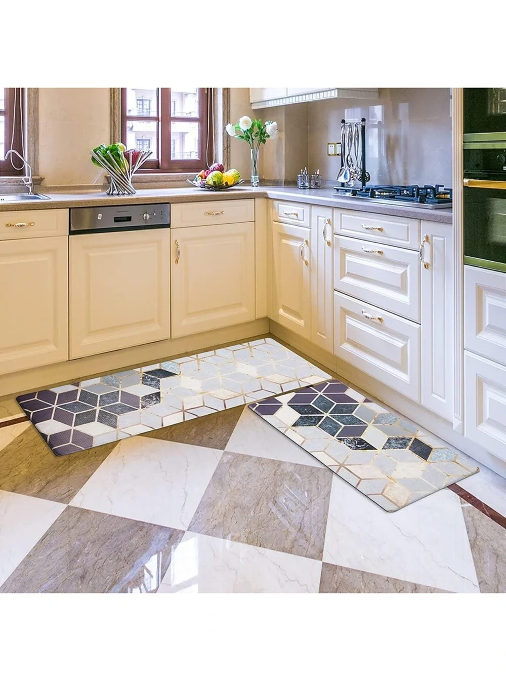 Hexagon Kitchen Mats in Purple, Blue, Gray and Gold Accents